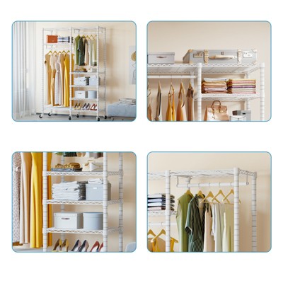 White Heavy Duty Rolling Garment Rack with Adjustable Shelves