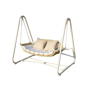 2-Seat Outdoor Patio Rattan Porch Swing Chair with Thick Cushions & Pillows, Steel Frame - 1 of 4