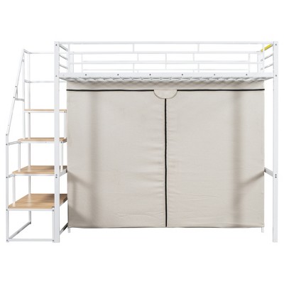 TiramisuBest Twin Size Metal Loft Bed with Wardrobe and Storage Shelves - White MDF+Metal Design