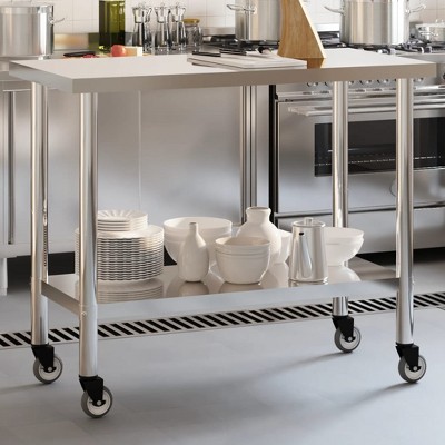 vidaXL Kitchen Work Table with Wheels 43.3 in.x21.7 in.x33.5 in. Stainless Steel