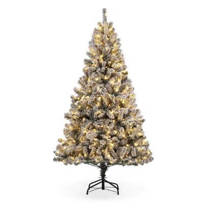 Pre-Lit Artificial Christmas Tree with Warm White Lights, 6FT Tall Lighted Xmas Tree with Foldable Metal Stand