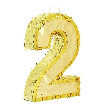 Juvale Small Gold Foil Number 2 Pinata for 2nd Birthday Decorations, Party Centerpieces, Anniversaries, 16 x 10.5 x 3 In