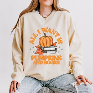 Simply Sage Market All I Want Is Pumpkins And Books Lightweight Garment Dyed Sweatshirt - 1 of 4