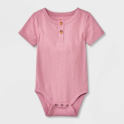 Image of Baby Girls' Ribbed Henley Short Sleeve Bodysuit - Cat & Jack™ Rose Pink 6-9M