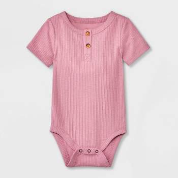 Baby Girls' Ribbed Henley Short Sleeve Bodysuit - Cat & Jack™ Rose Pink 6-9M