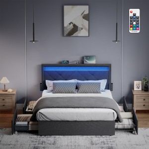 VASAGLE LED Bed Frame Queen/Full/Twin Size with Headboard and 4 Drawers, 1 USB Port and 1 Type C Port, Adjustable Upholstered Headboard, Grey - 1 of 4