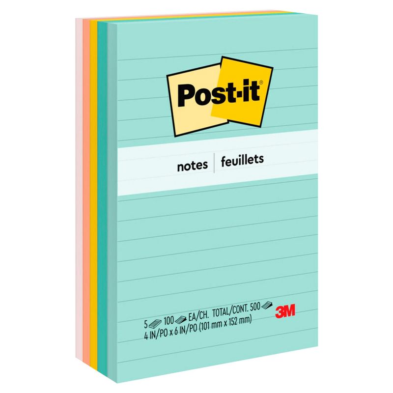 Post-it Notes, 4 x 6 Inches, Marseille Colors, 5 Pads with 100 Sheets Each, 1 of 6