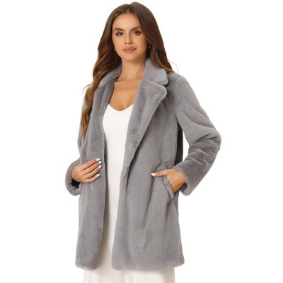 Allegra K Women's Lapel Collar Faux Fur Fuzzy Winter Long Overcoat with Pockets