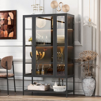 Display cabinet with door open showing interior shelves and decor