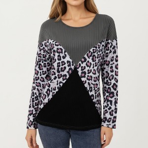 Anna-Kaci Women's Ribbed Knit Top with Leopard Print Contrast and V-Cut Design - 1 of 4