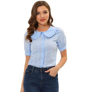 Allegra K Women's Peter Pan Collar Swiss Dots Short Sleeves Button Front Shirt - 1 of 4