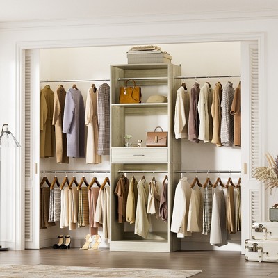 Aheaplus 8 FT Closet Organizer with Extendable Hanging Rod, Wood Closet System with Drawer