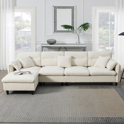 YOOCOZZ L-Shaped Chenille Sectional Sofa with Removable Ottoman, Center Stitching Design and 5 Pillows