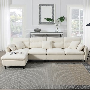 YOOCOZZ L-Shaped Chenille Sectional Sofa with Removable Ottoman, Center Stitching Design and 5 Pillows - 1 of 4