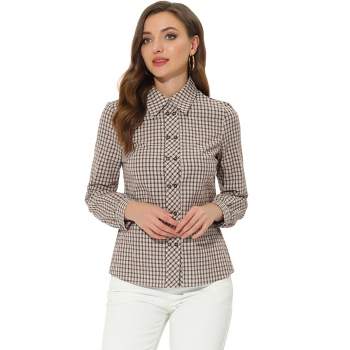 Allegra K Women's Turn Down Collar Plaid Button Up Long Sleeve Shirt
