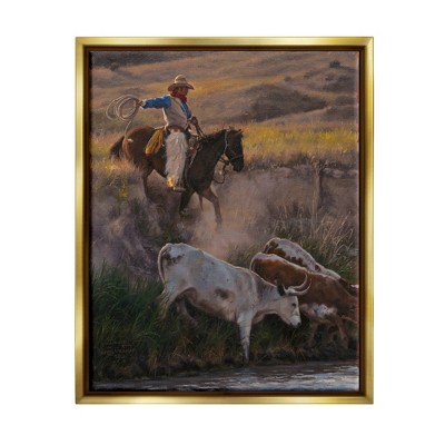 Stupell Industries Cowboy Rounding Up Cattle Lasso Framed Canvas