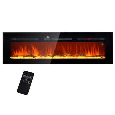 HOMCOM 60" Electric Fireplace Heater Recessed or Wall Mounted with Remote Control, 8H Timer, Adjustable Flame Color and Brightness, Log and Crystal