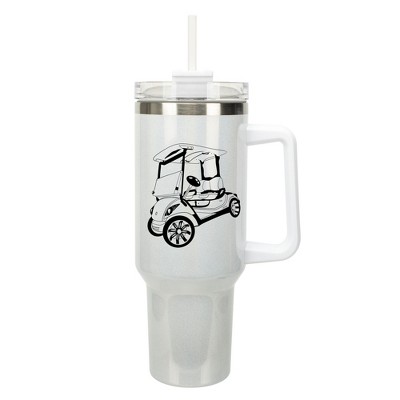 Elanze Designs 40 Ounce Travel Tumbler With Straw and Lid Stainless Steel Double Wall Insulated Rolling Golf Cart White Glitter