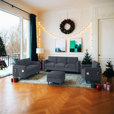 Mjkone 78" Linen Sectional Couches Set , 3-Seater Sofa with Storage Ottoman and Loveset Sofa and Armchair