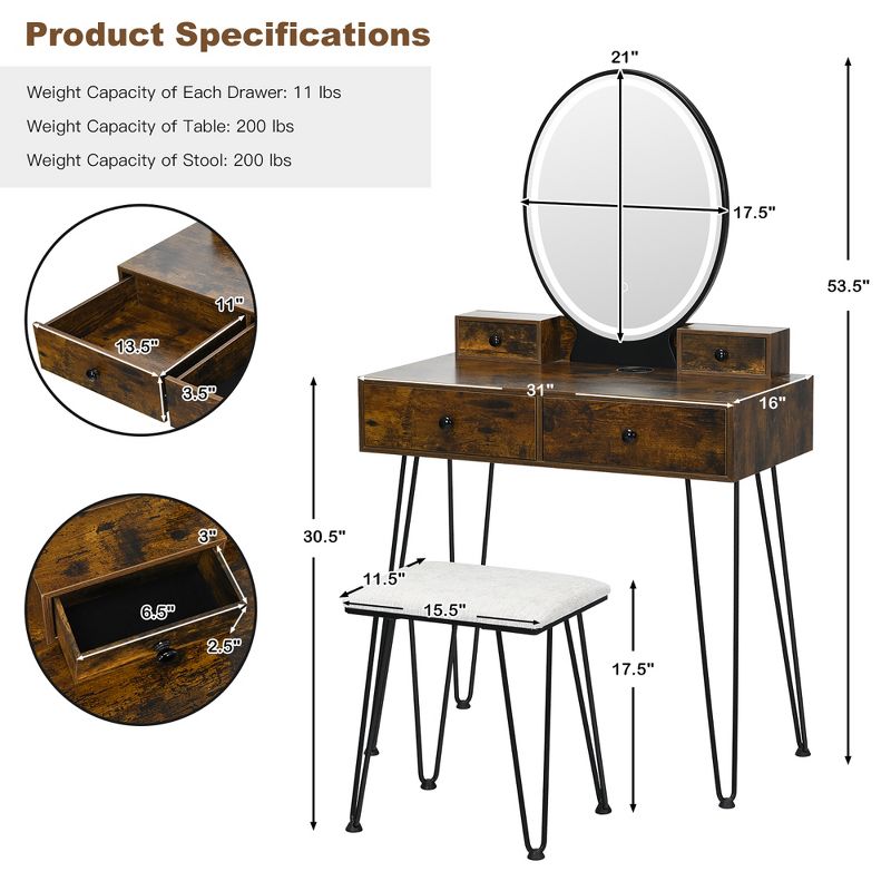 Costway Industrial Vanity Makeup Dressing Table Padded Stool Set 3-Color Lighted Mirror, 4 of 11