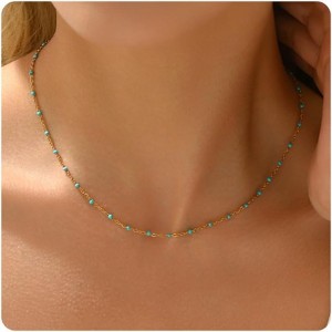 18K Gold Plated Turquoise Necklace for Women, Dainty Satellite & Beaded Chain, Adjustable Boho Jewelry Gift - 1 of 4