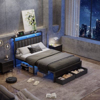 Bed Frame with 2 Drawers & Storage Headboard, Platform Metal Bed with 2 USB Ports and Outlets, No Box Spring Needed