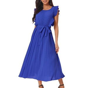 Seta T Women's Casual Ruffle Sleeveless Crewneck Pleated Flowy Belted Midi Sundresses - 1 of 4
