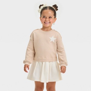 Grayson Mini Toddler Girls' Woven French Terry Sweatshirt Dress - Beige - 1 of 4