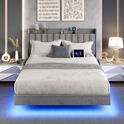 Nasitip Floating Bed Frame with LED Lights, Upholstered Platform Full Bed Frame, No Box Spring Needed