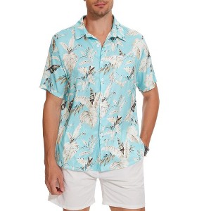 Men's Hawaiian Shirt Short Sleeve Linen Button Down Shirts Casual Floral Printed Beach Shirts with Pocket - 1 of 4