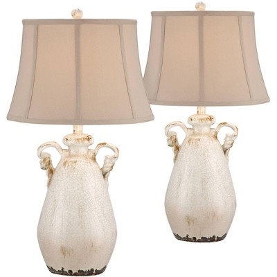 Regency Hill Cottage Table Lamps Set of 2 Rustic Crackled Ivory Ceramic Jar Handcrafted Beige Bell Shade for Living Room Family