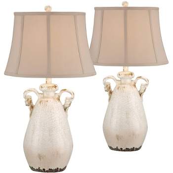 Regency Hill Rustic Country Cottage Table Lamps 29" Tall Set of 2 Crackled Ivory Glaze Ceramic Beige Bell Shade for Bedroom Living Room House Bedside