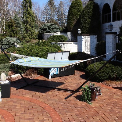 Blue and Green Quilted Double Hammock with Wood Spreader Bar and 15ft Steel Stand