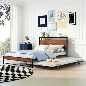 Luxystar Full Size Metal Platform Bed Frame with Trundle, Shelves, Sockets and USB Ports - 1 of 4