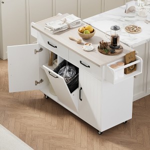JUJABU White Kitchen Island with Trash Can Storage Cabinet, Drop Leaf, Spice Rack and Adjustable Shelf - 1 of 4
