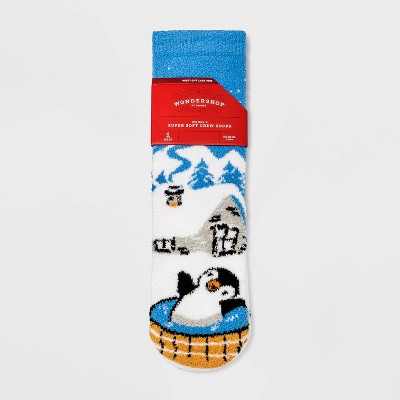 Women's Penguin Cozy Crew Socks with Gift Card Holder - Wondershop™ Blue 4-10