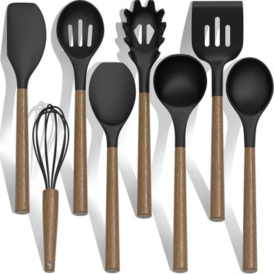 BRINJOY 9-Piece Silicone Kitchen Cooking Spatula Set with Wooden Handle for Nonstick Pans, 446¡ãF Resistant Silicone with Large Stand (Black)