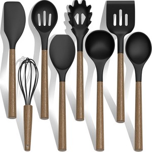 BRINJOY 9-Piece Silicone Kitchen Cooking Spatula Set with Wooden Handle for Nonstick Pans, 446¡ãF Resistant Silicone with Large Stand (Black) - 1 of 4