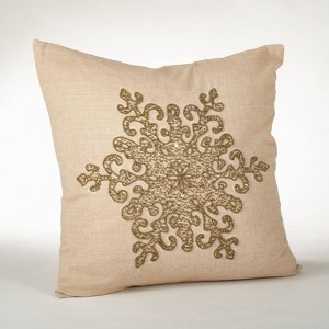 18"x18" Snowflake Design Beaded Pillow Down Filled Bronze - Saro Lifestyle: Cotton Cover, Duck Feather, Zippered - 1 of 3