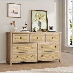 3 Drawer Rattan Dresser for Bedroom, Tall Freestanding Boho Chest of Drawers, Wood Storage Cabinet for Nursery, Living Room, or Closet - 1 of 4