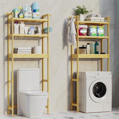 Artloge Large Bamboo Over The Toilet Storage Rack 3 Tier Cabinet Organizer Adjustable Height Shelf with 2 Hooks for Bathroom Laundry