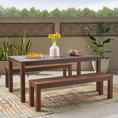 GDFStudio Ebany Outdoor 3 Piece Acacia Wood Table and Bench Picnic Set, Dark Brown