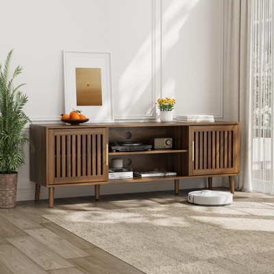 Chic Crate - 63" Mid-Century Media Console w/ 2 Grille Doors & Shelves - Adjustable Storage for 55"-70" TVs - Walnut Wood