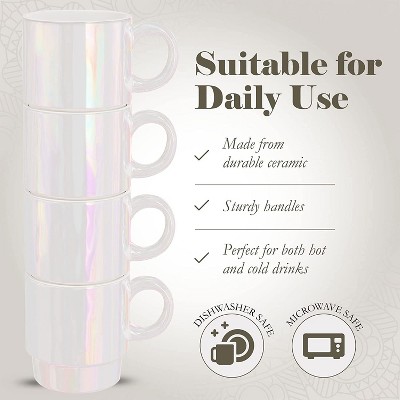Pearlized Ceramic Mug Set with Black Metal Rack, 14 oz, 4-Piece