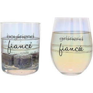Pavilion Gift Company - Fiancé/Fiancée - 11 oz Rocks & 18 oz Stemless Wine Glass Set - Drinkware - 1 of 4