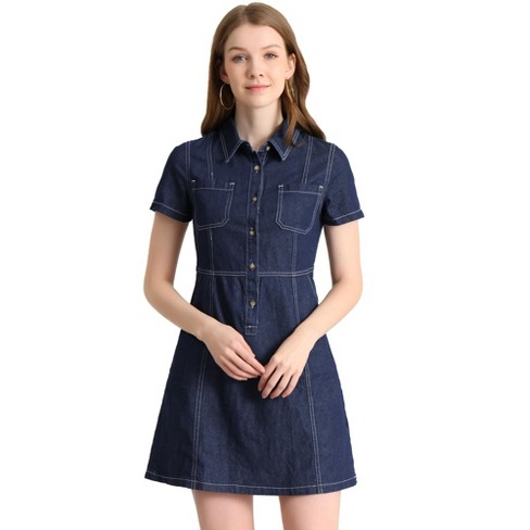 Allegra K Women's Denim Collared Short Sleeve Summer A-line Dress : Target