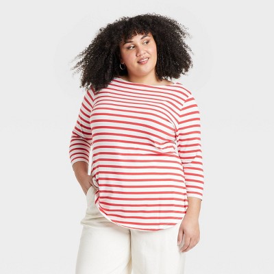 Women's Slim Fit 3/4 Sleeve Boat Neck T-Shirt - Ava & Viv™ Red Striped 4X