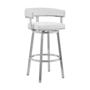 HomeRoots 26" White And Silver Faux Leather And Stainless Steel Low Back Counter Height Swivel Bar Chair - 1 of 4