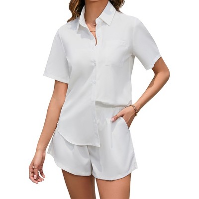 Womens Summer Pajama Sets Front Button Down Short Sleeve Shirts with Shorts Floral Summer Resorts Outfits Casual Co-ord Sets,White(Solid ) - M