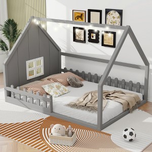 Whisen Full Size Wood House Bed with Window and Fence - 1 of 4